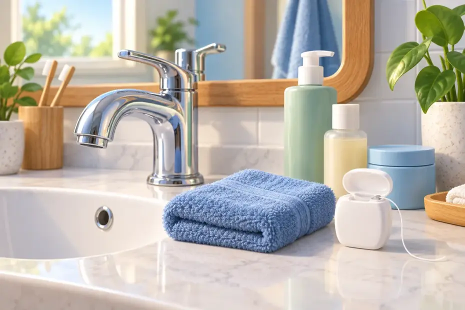 A chrome faucet, folded blue face cloth, plain toiletries, and dental floss sit on a bright bathroom vanity.