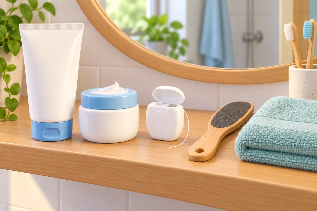 Face wash, face cream, dental floss, a foot file, and a folded aqua towel sit on a bathroom shelf.