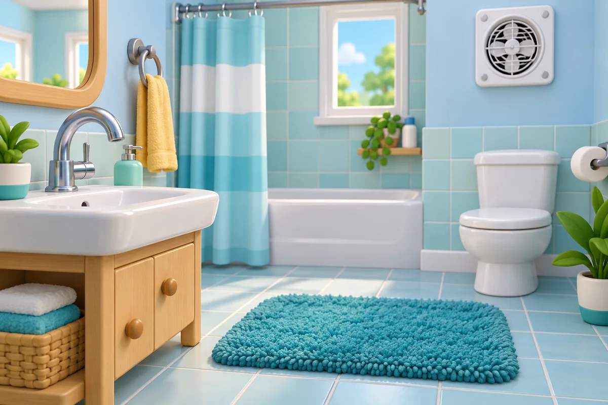 A curved chrome faucet and fluffy teal bath mat appear below a wall-mounted ventilation fan in a clean bathroom.