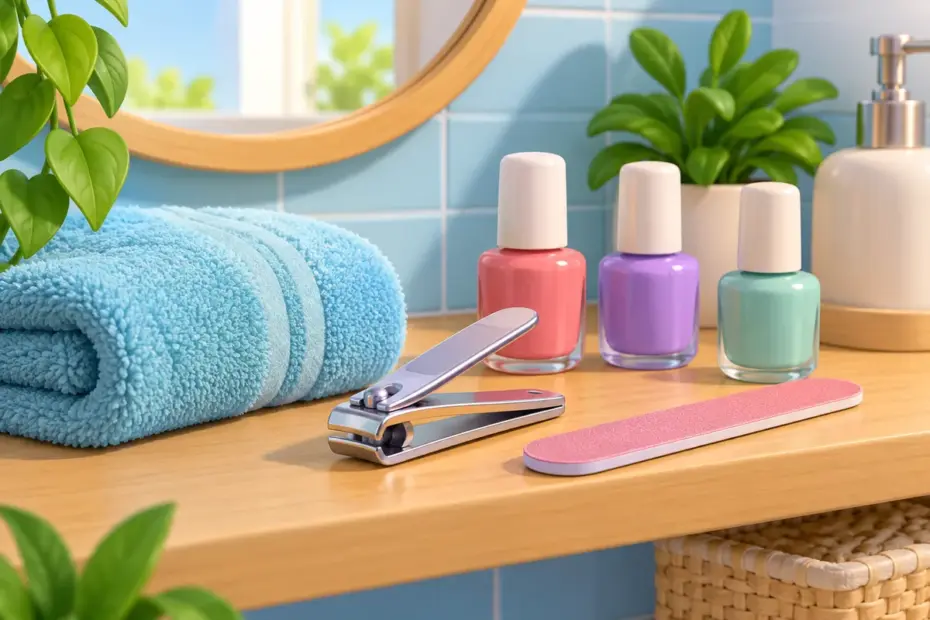 A neat bathroom shelf holds nail clippers, a nail file, nail polish, and a plain hand towel.