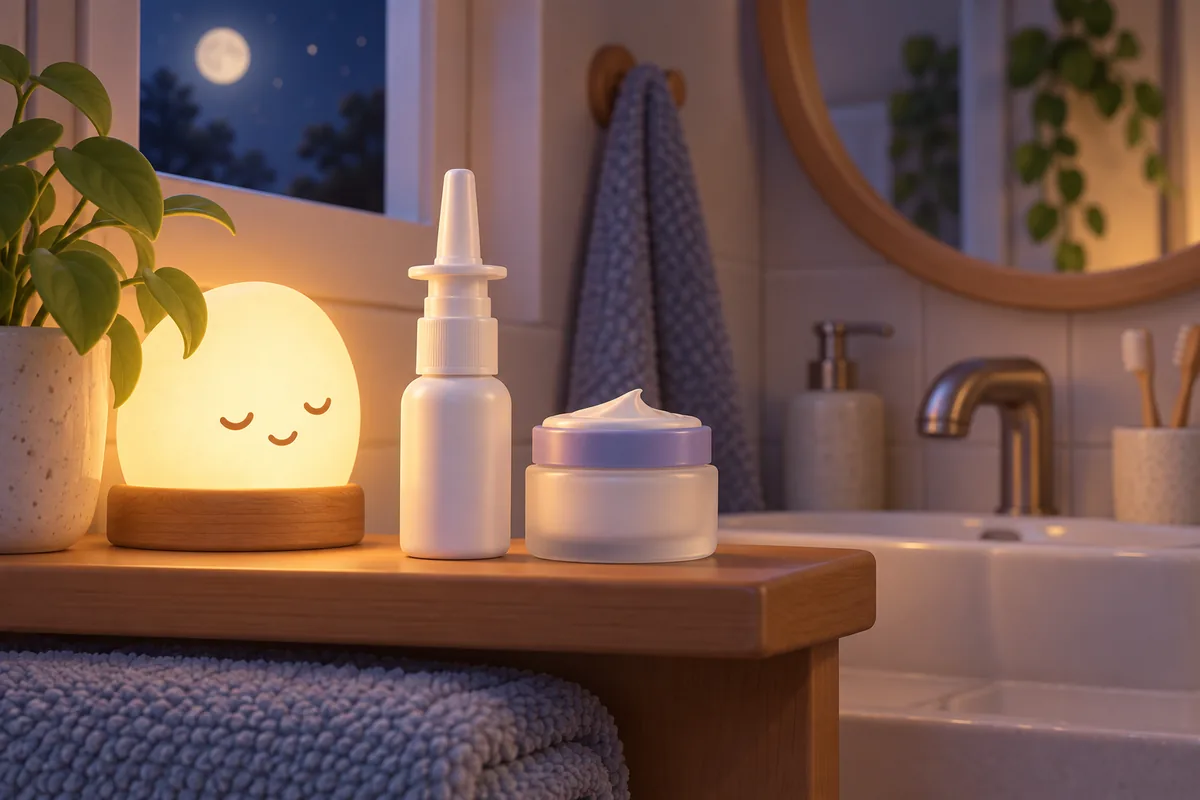 A small bathroom night light glows beside a shelf with a nasal spray bottle and night cream.