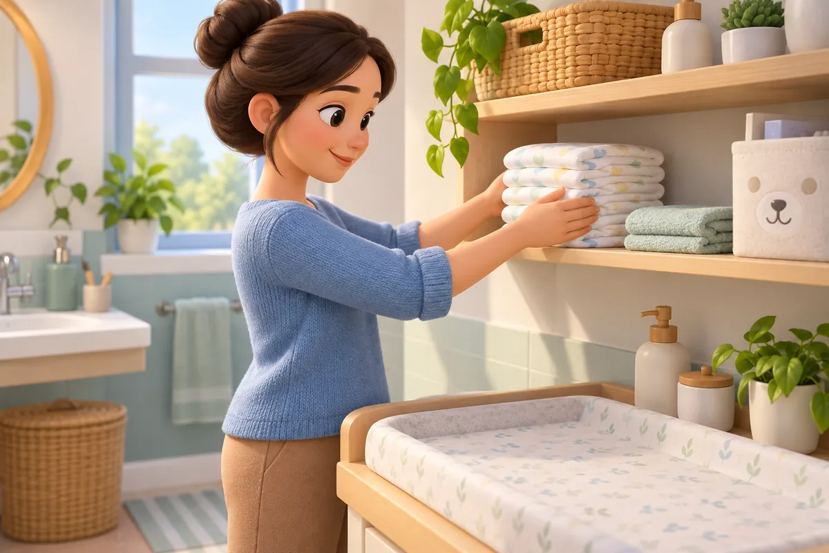 A parent organizes nappies and gentle bathroom supplies on a clean changing shelf.