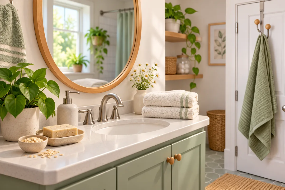 An oval mirror, towels, soap, and door hook illustrate useful bathroom items beginning with O.