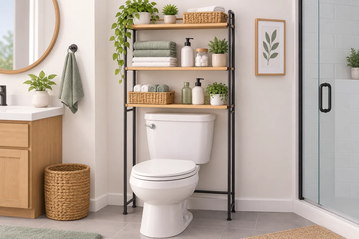An over-the-toilet organizer uses vertical space for folded towels and toiletries.