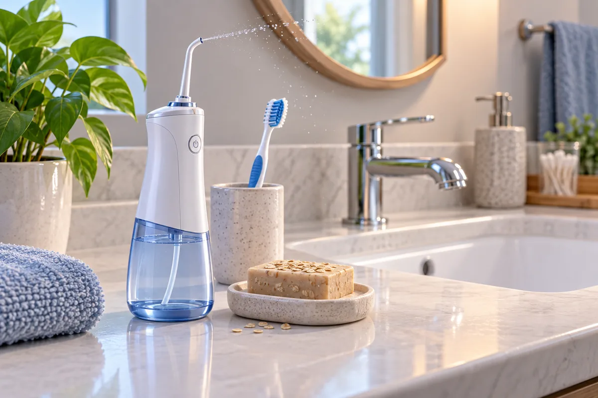 An oral irrigator sits beside other personal-care supplies on a bathroom counter.