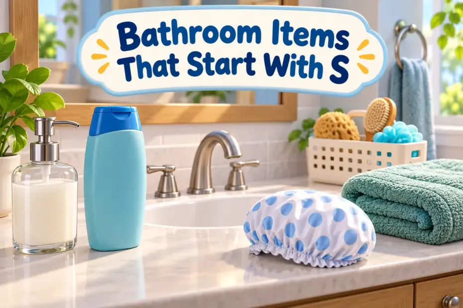 A tidy bathroom shelf holds soap, shampoo, a folded towel, and a small potted plant.