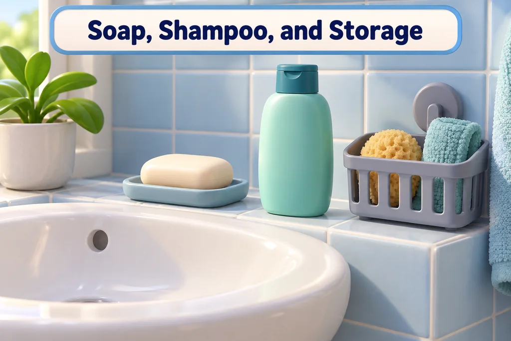 Soap, shampoo, and a shower caddy are arranged beside a bathroom sink.