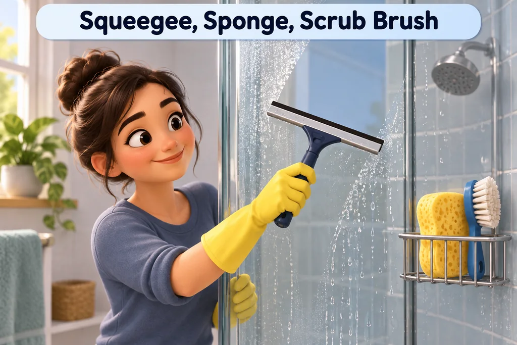 A gloved hand uses a squeegee and sponge to clean a shower wall.