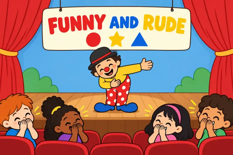 Cartoon children giggle at a cheeky stage sign while a friendly performer bows, showing bawdy in a sentence as comic, harmless rudeness.