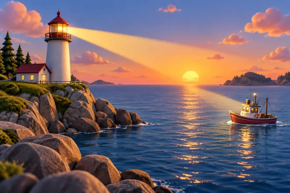 A lighthouse beacon shines across a calm bay toward a distant boat.