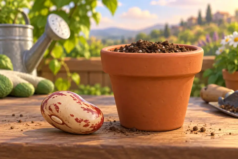 A bean seed rests beside a small planting pot.