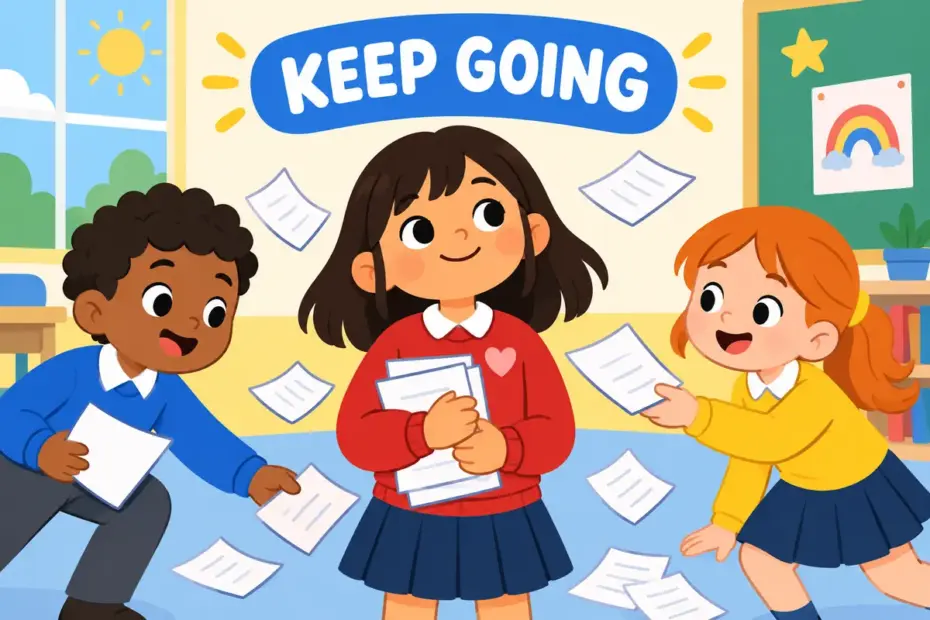 Cartoon pupils stand calmly under a heavy pile of paper, showing bear up in a sentence as quiet strength under strain.