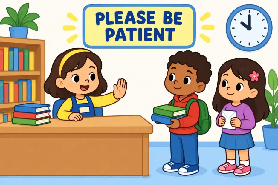 Cartoon children wait calmly in a queue while a helper, showing bear with in a sentence as patient waiting.