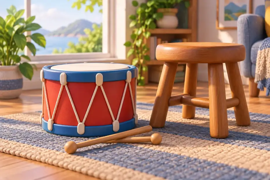 A drum and two wooden sticks rest beside a stool.