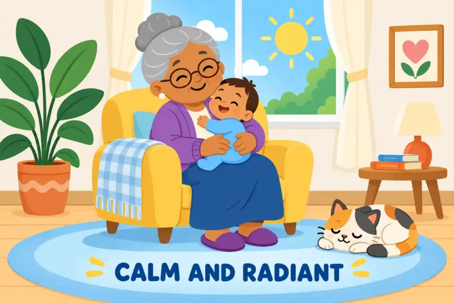Cartoon grandmother cradles a baby beside a bright window, illustrating beatific in a sentence as serene joy on a face.