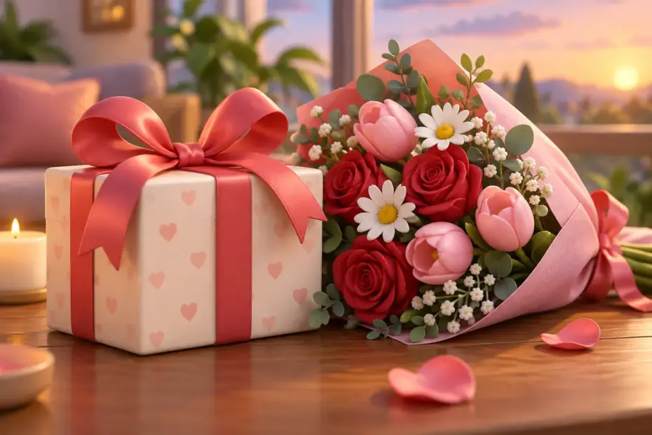 A wrapped gift has a ribbon bow beside a bouquet.