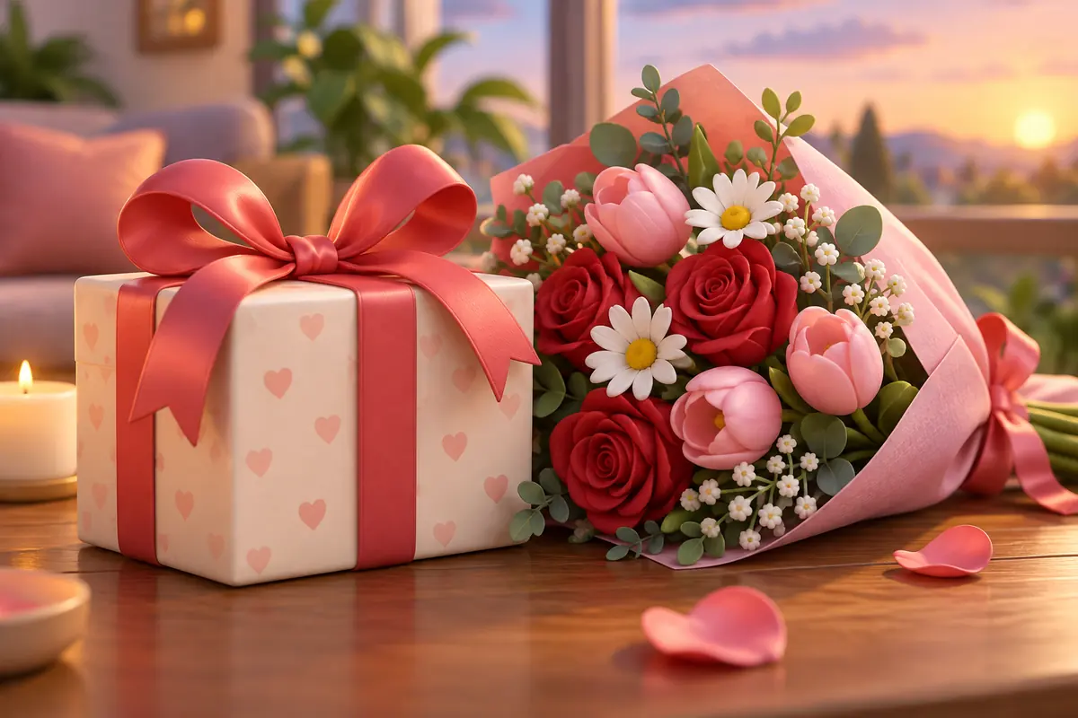 A wrapped gift has a ribbon bow beside a bouquet.