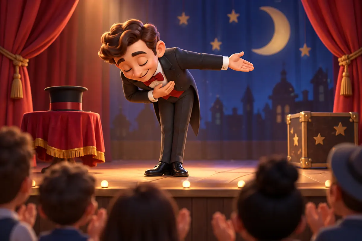 A performer bends forward on a small stage.
