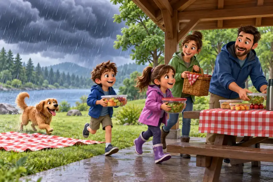 Rain clouds cause a picnic to move under shelter.