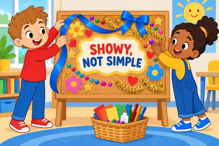 Cartoon children pile ribbons, beads and tinsel onto a plain board, showing bedizen in a sentence as gaudy decoration.