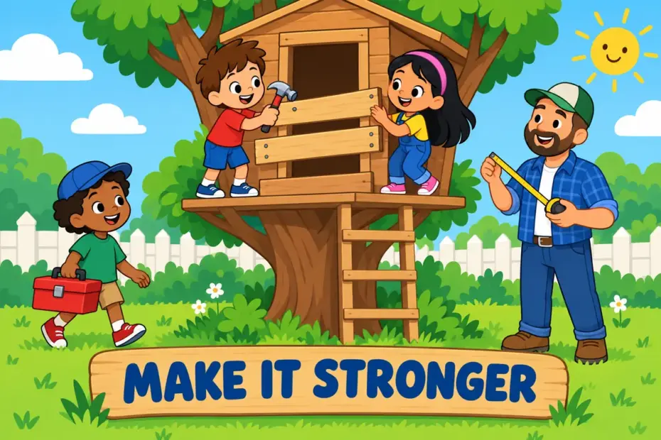 Cartoon children add extra planks to a small treehouse, showing beef up in a sentence as making something stronger.
