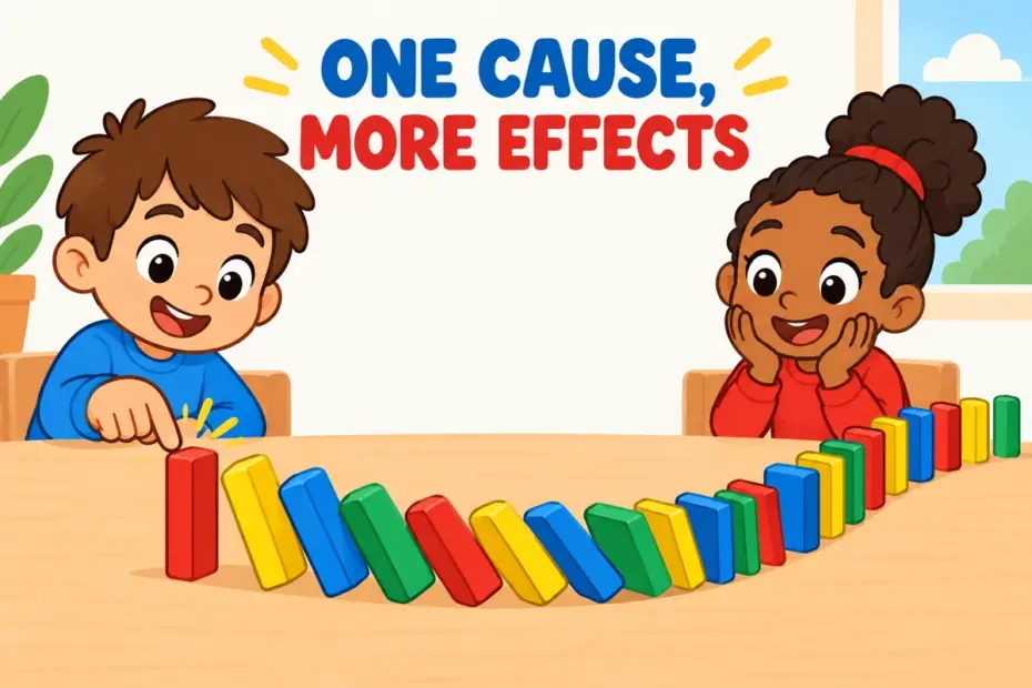 Cartoon dominoes topple in a chain from one push, showing beget in a sentence as one thing causing the next.