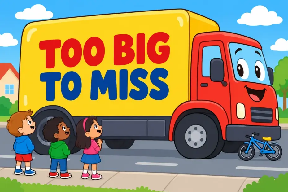 Cartoon children crane their necks at a giant friendly truck, showing behemoth in a sentence as an enormous thing.