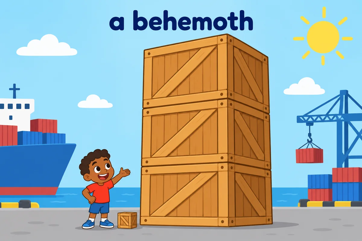 A child stands beside oversized crates and a tiny crate, showing the scale of a behemoth.