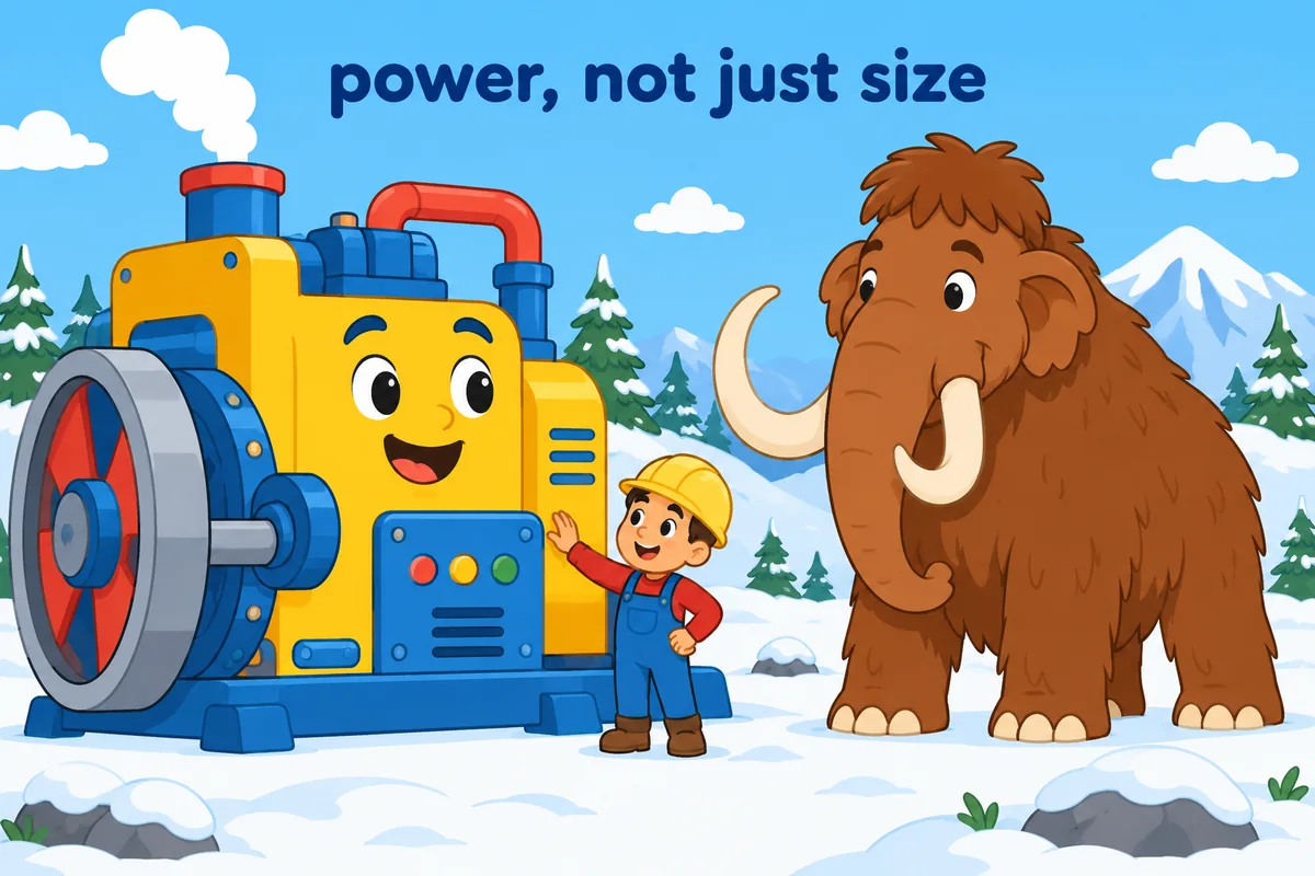 A single cartoon scene contrasts an enormous machine with a merely large woolly mammoth.
