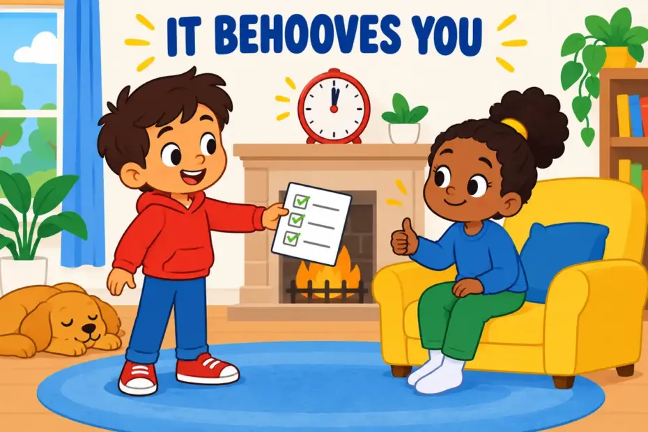 Cartoon child hands a checklist to a seated friend, illustrating behoove in a sentence as a duty that benefits the person.