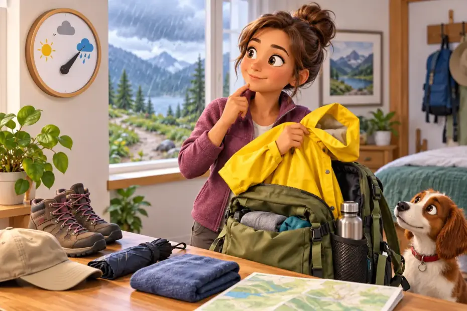 A traveler checks conditions and packs a raincoat before a trip.