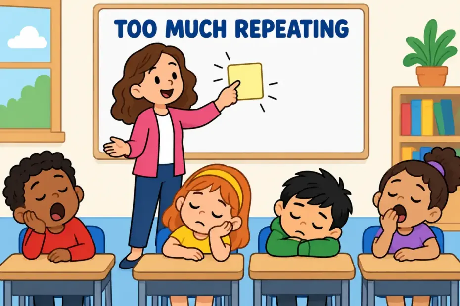 Cartoon speaker taps one note card again and again as sleepy children listen, illustrating belabor in a sentence as over-repetition.