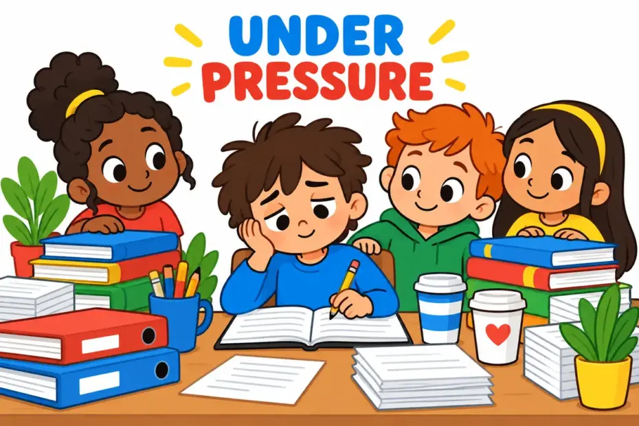 A cartoon child at a desk is surrounded by a ring of stacked books and notes, showing beleaguer in a sentence as pressure from all sides.