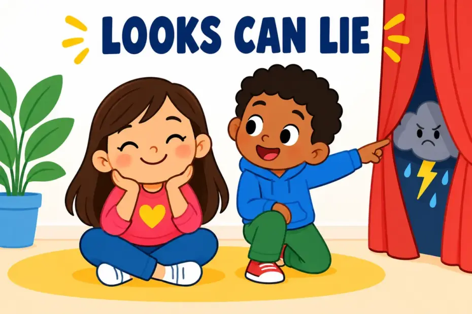 Cartoon children see a calm smiling face beside a hidden storm cloud, showing belie in a sentence as a misleading surface.