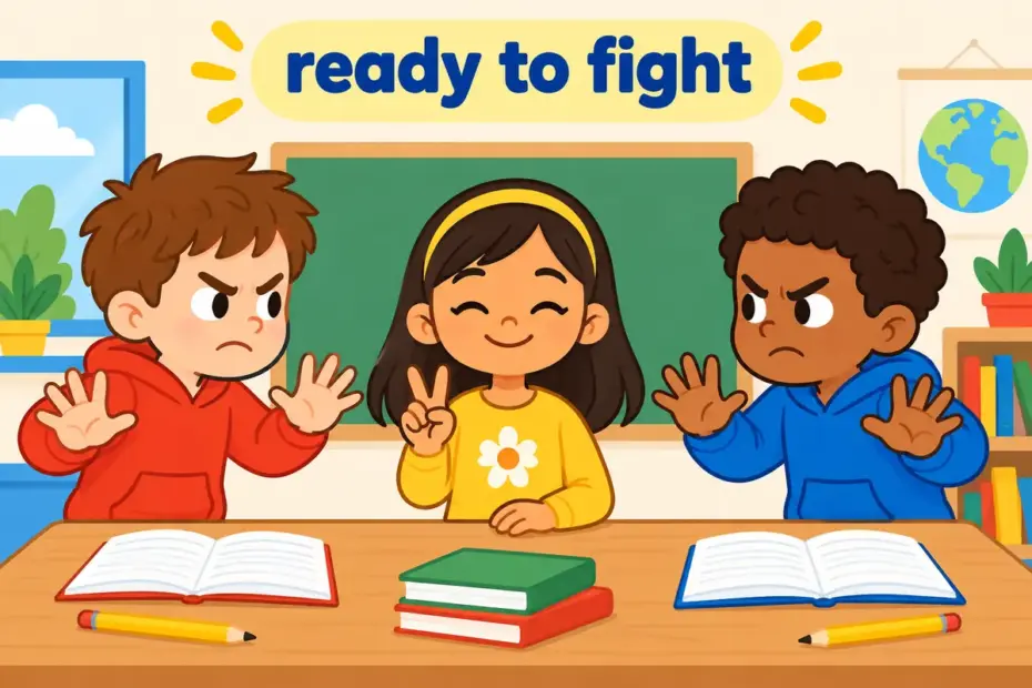 Cartoon pupils face off over a shared desk with raised hands, showing belligerent in a sentence as open aggression.