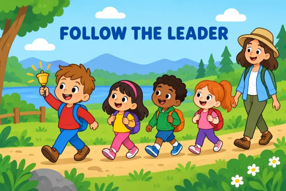 Cartoon pupils follow a classmate carrying a small bell at the front, illustrating bellwether in a sentence as a leader others copy.