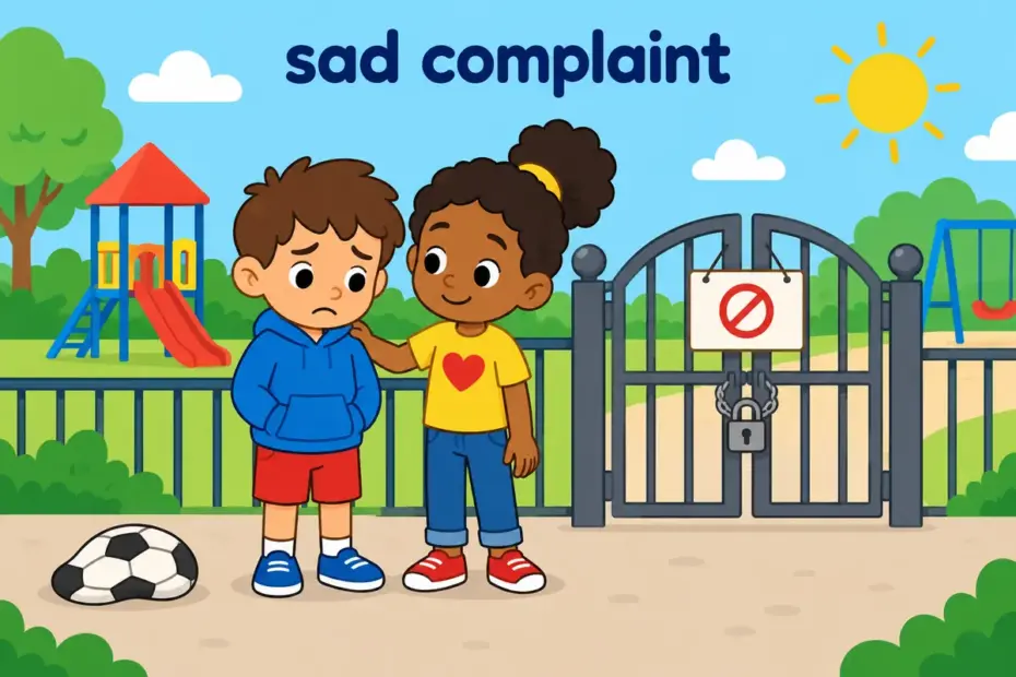 A cartoon child sighs at a closed playground gate, showing bemoan in a sentence as sorrow over a lost treat.