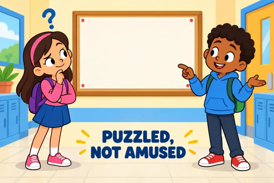 A cartoon girl tilts her head at a confusing sign, showing bemused in a sentence as mild puzzled confusion.