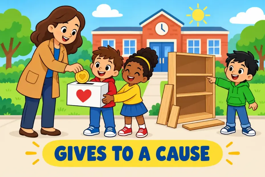 A cheerful cartoon donor hands a large coin to a school building, showing benefactor in a sentence as a giver of support.