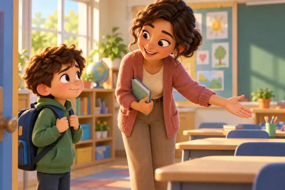 A teacher reassures a nervous new pupil.