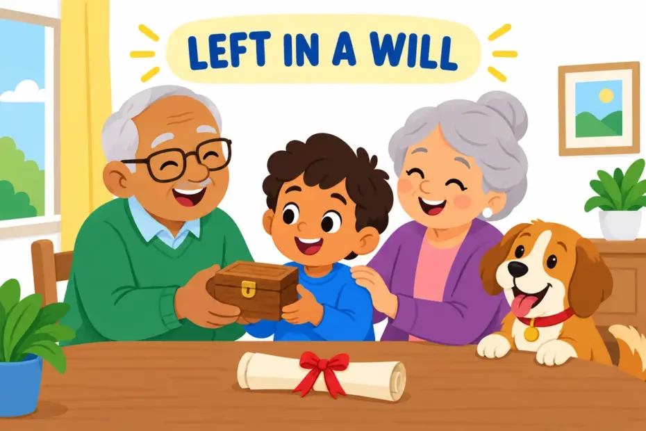Cartoon grandparents hand a keepsake box to a child while a scroll shows a will, illustrating bequeath in a sentence.