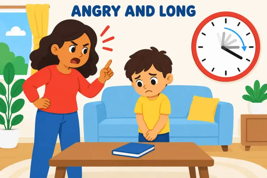 A cartoon adult speaks sharply to a child beside a clock, showing berate in a sentence as a long scolding.