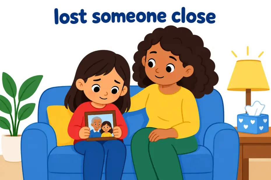 A cartoon child sits quietly holding a framed photo beside a comforting adult, showing bereaved in a sentence as having lost someone close.