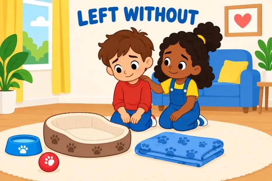 Cartoon children stand quietly beside an empty pet basket, showing bereft in a sentence as being left without something loved.
