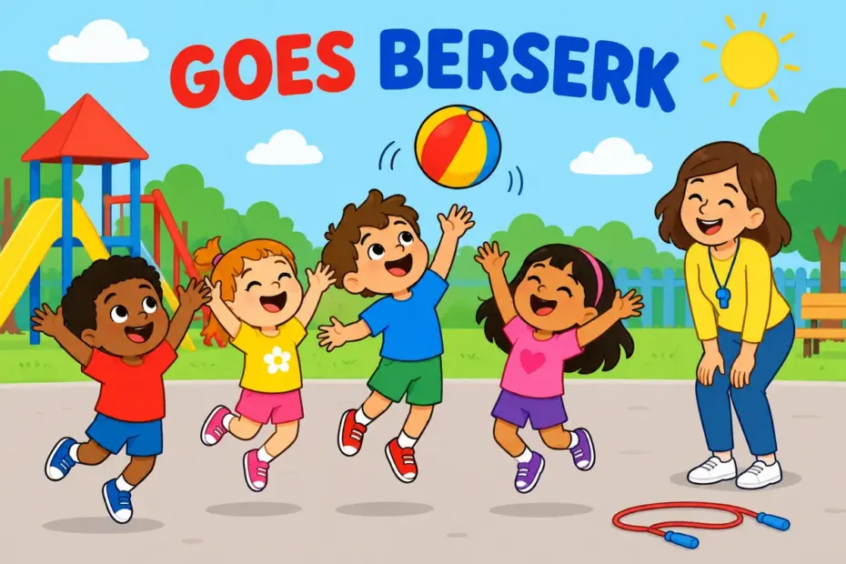 Cartoon children leap and cheer wildly on a playground as a ball flies, showing berserk in a sentence as wild excitement.