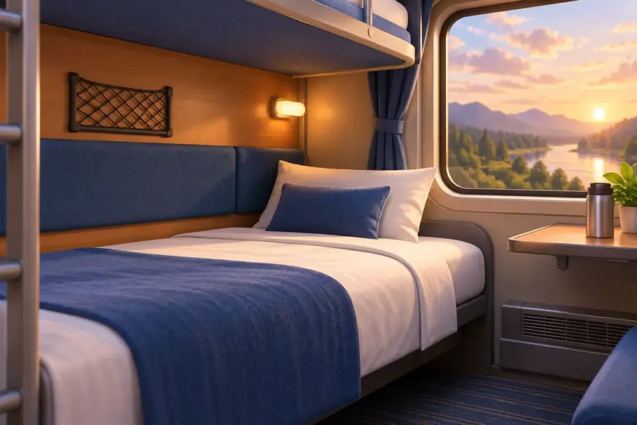 A neatly made lower sleeping berth sits inside a train cabin.