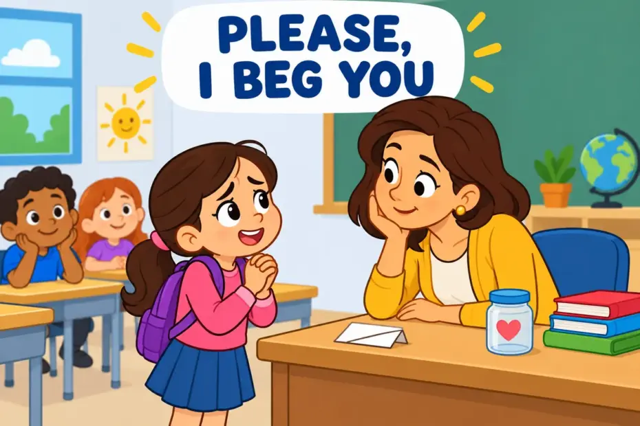 Cartoon child clasps hands before a teacher, showing beseech in a sentence as an earnest, urgent plea.