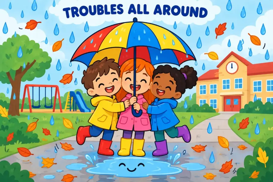 Cartoon pupils huddle under one umbrella as arrows of rain surround them, showing beset in a sentence as trouble from every side.