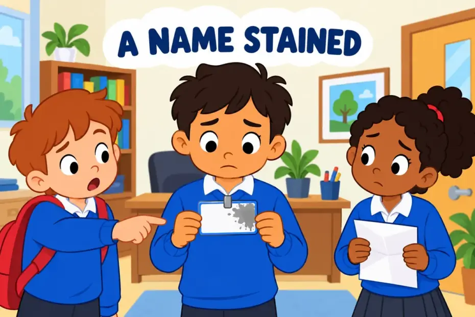 Cartoon children look at a smudged name badge, showing besmirch in a sentence as a reputation stained.