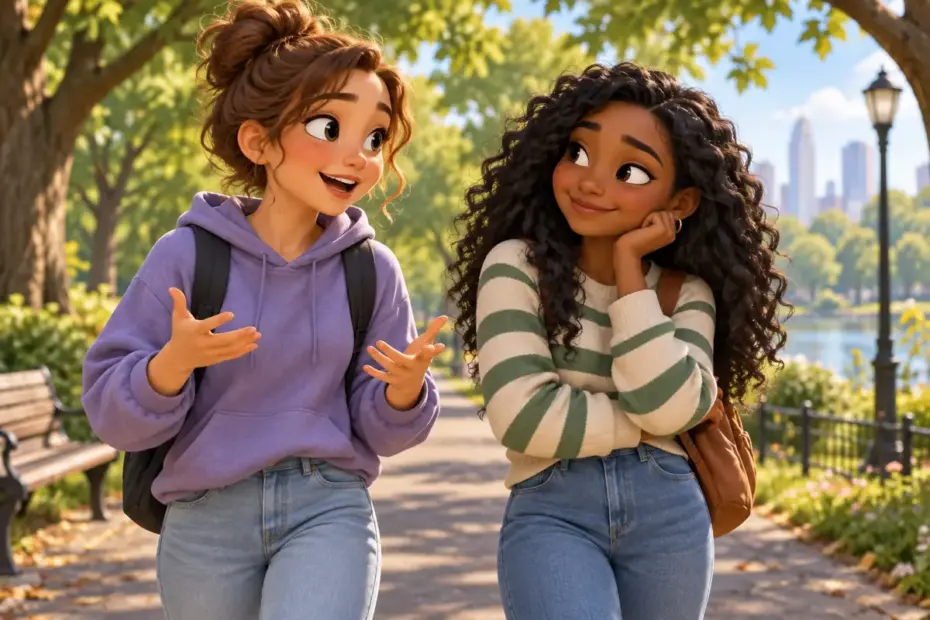Two close friends walk together and share a cheerful conversation in a park.